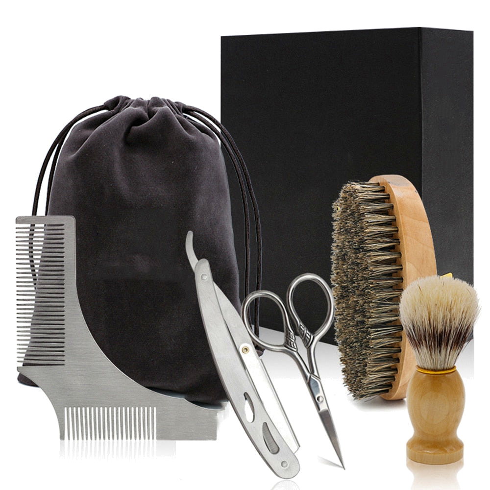 5pcs/set Soft Wooden Boar Bristle Mustache Comb Kit with Gift Box - Professional Barber Hair Brush - Hair Brush